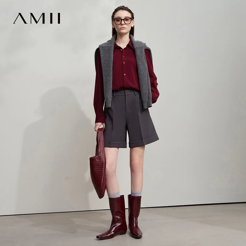 AMII Office Lady Shirt 2025 Autumn New Minimalism Thick Long Sleeves Blouse Elastic Cotton Lapel Women's Clothing 12553079