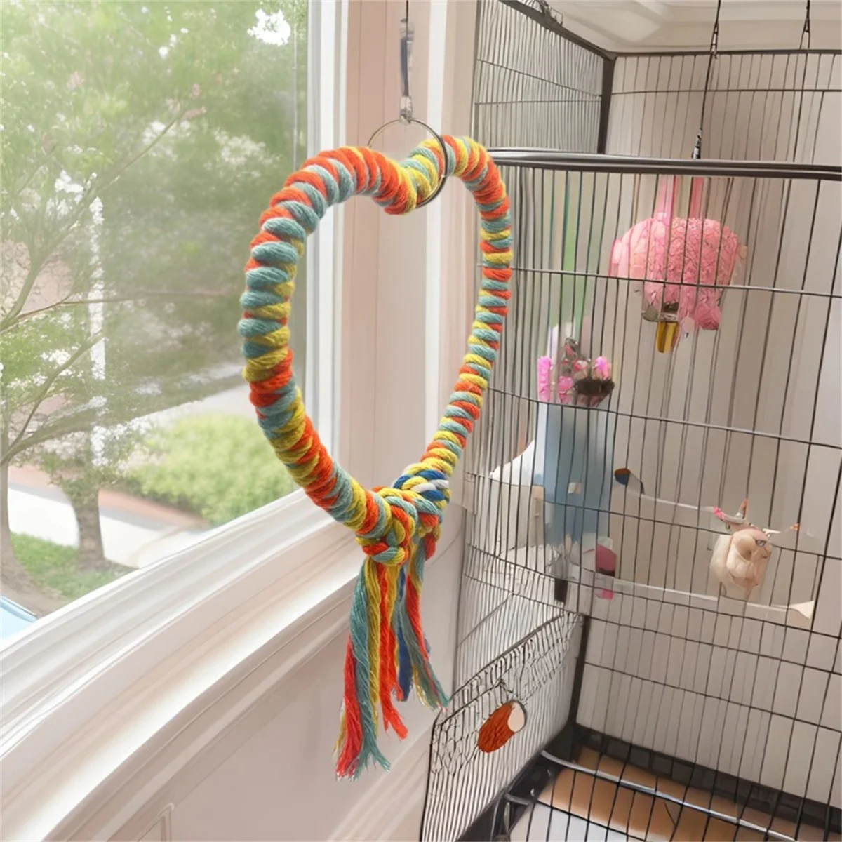 Love Cotton Rope Swing Bird Toy Colorful Parrot Perch Climbing Beak Grinding Frame Birdcage Decorative Accessories Pet Supplies