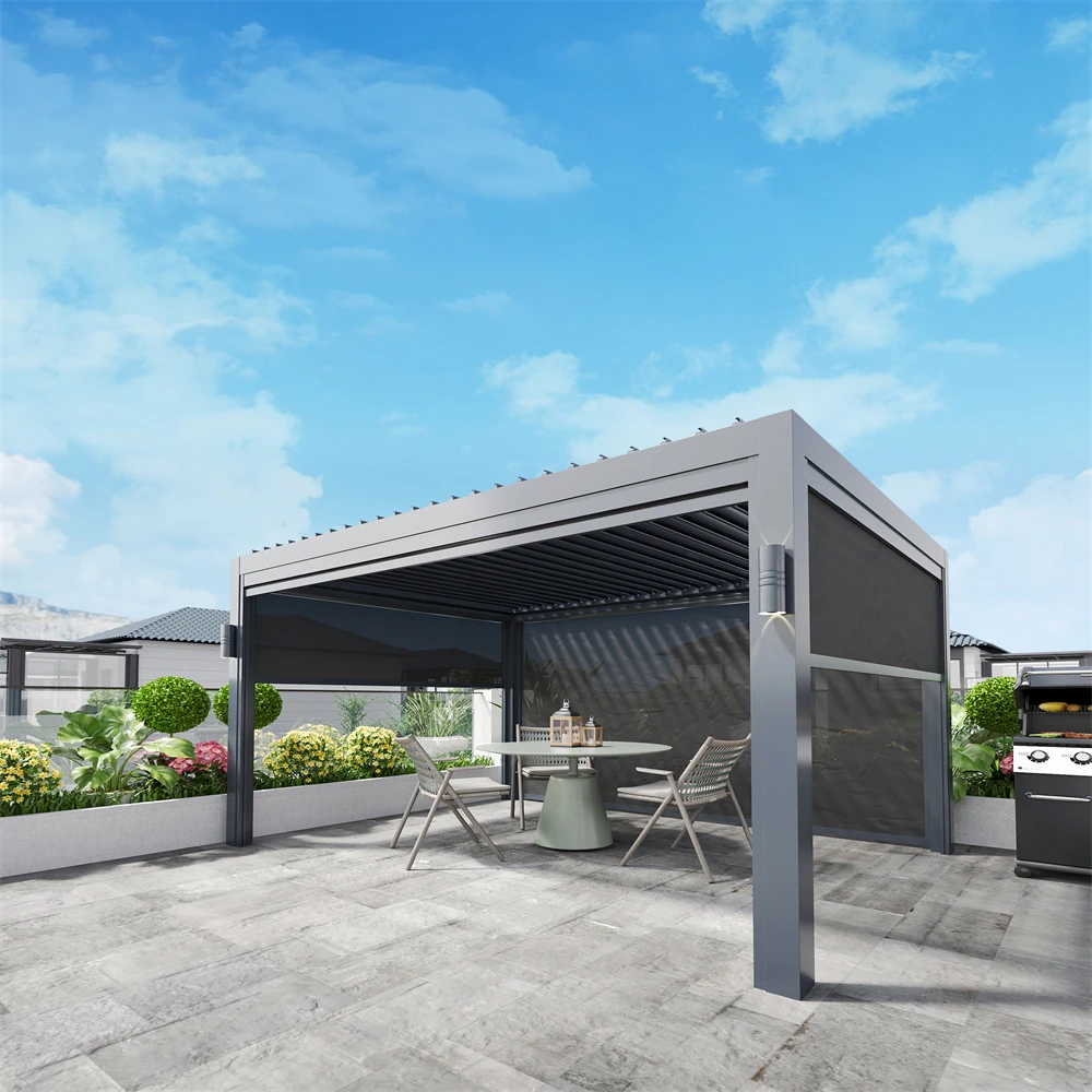 

Outdoor Waterproof Aluminium Motorized Retractable Folding Louver Pergola Awning Retractable Bioclimatic Pergola