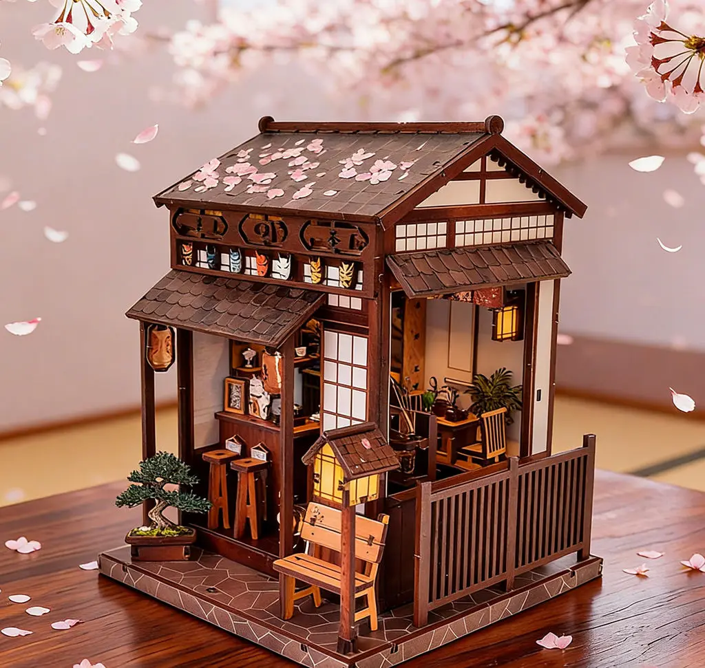 مجموعة أدوات منزل الشاي الياباني ساكورا وصلت حديثًا - لغز مشهد خشبي مصغر، لعبة بناء مصنوعة يدويًا وهدية إبداعية #2