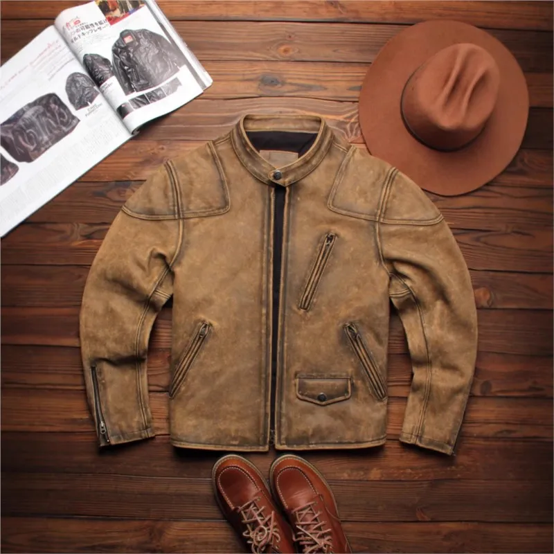 

Stone-ground leather men's cowhide stand-up collar fitted