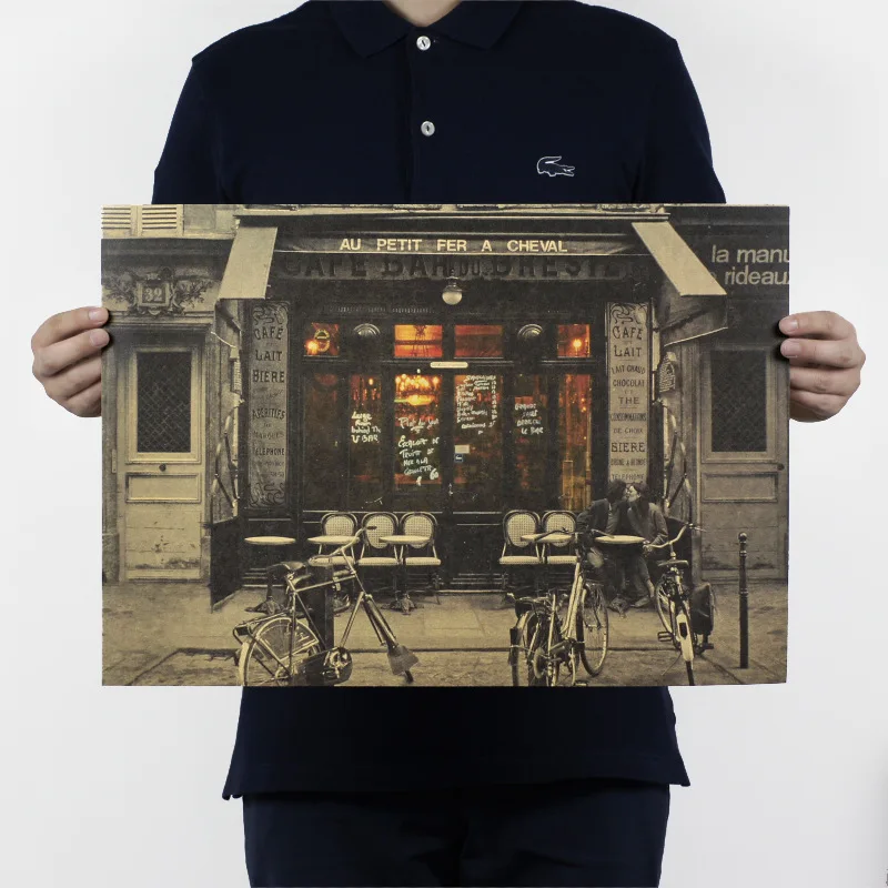 51x35cm Lovers in Front of Paris Cafe Nostalgic Poster Bar Cafe Room Decor Painting Kraft Paper Wall Art Wall Stickers