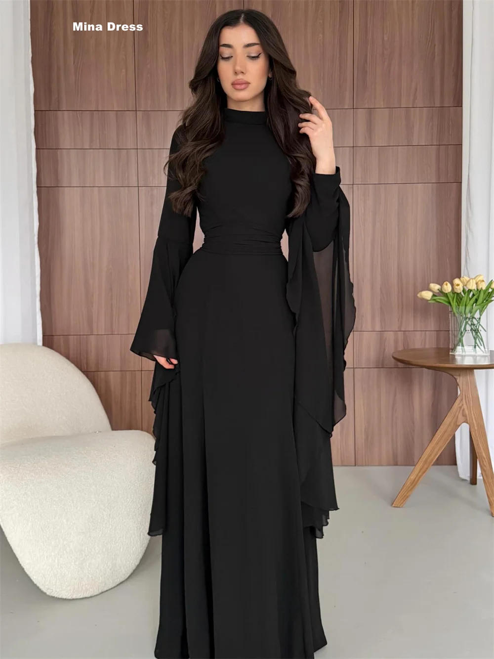 

Mina Customized White Elegant Party Dresses for Special Occasions Puff Long Sleeves Luxury Party Dress Turtle Neck Prom Women's