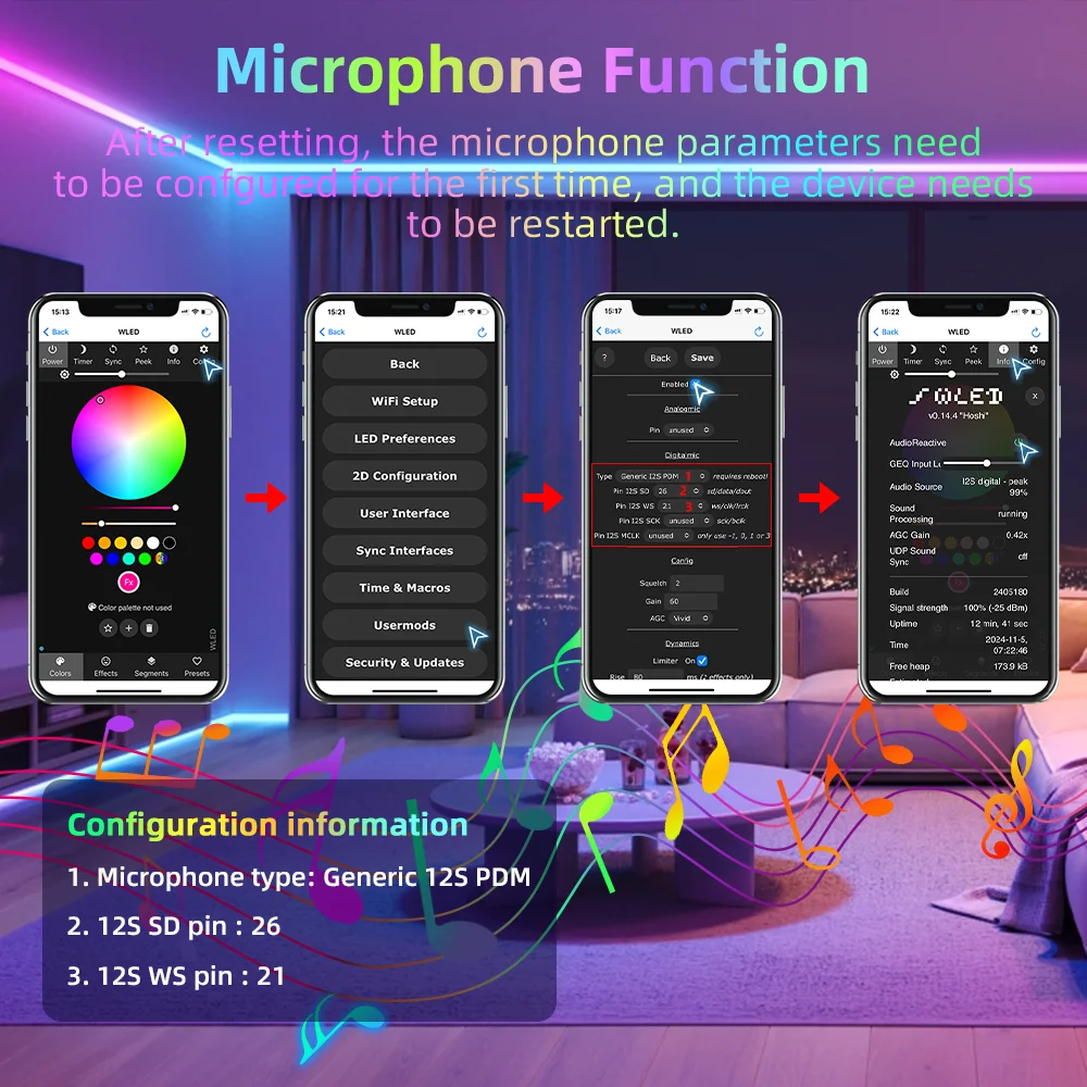 وحدة تحكم PD Power Fast Setup DOMRAEM ESP32 WLED مع ميكروفون مزدوج 5-24 فولت، مصهر 16 أمبير لـ WS2811 WS2812B WS2805 SK6812 APA102
