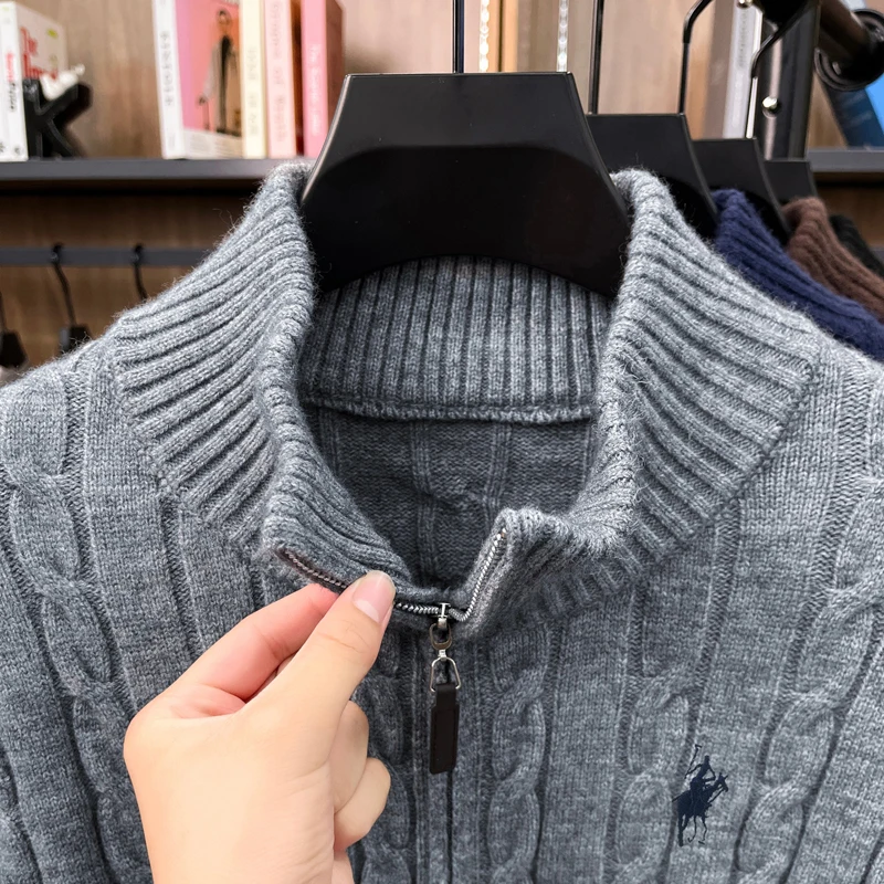 Herbst-Winter-Klassik-Strickjacke für Herren mit Stickerei und Reißverschluss, einfarbige Strickjacke mit langen Ärmeln, lässige, weiche Herrenbekleidung – Detail 13
