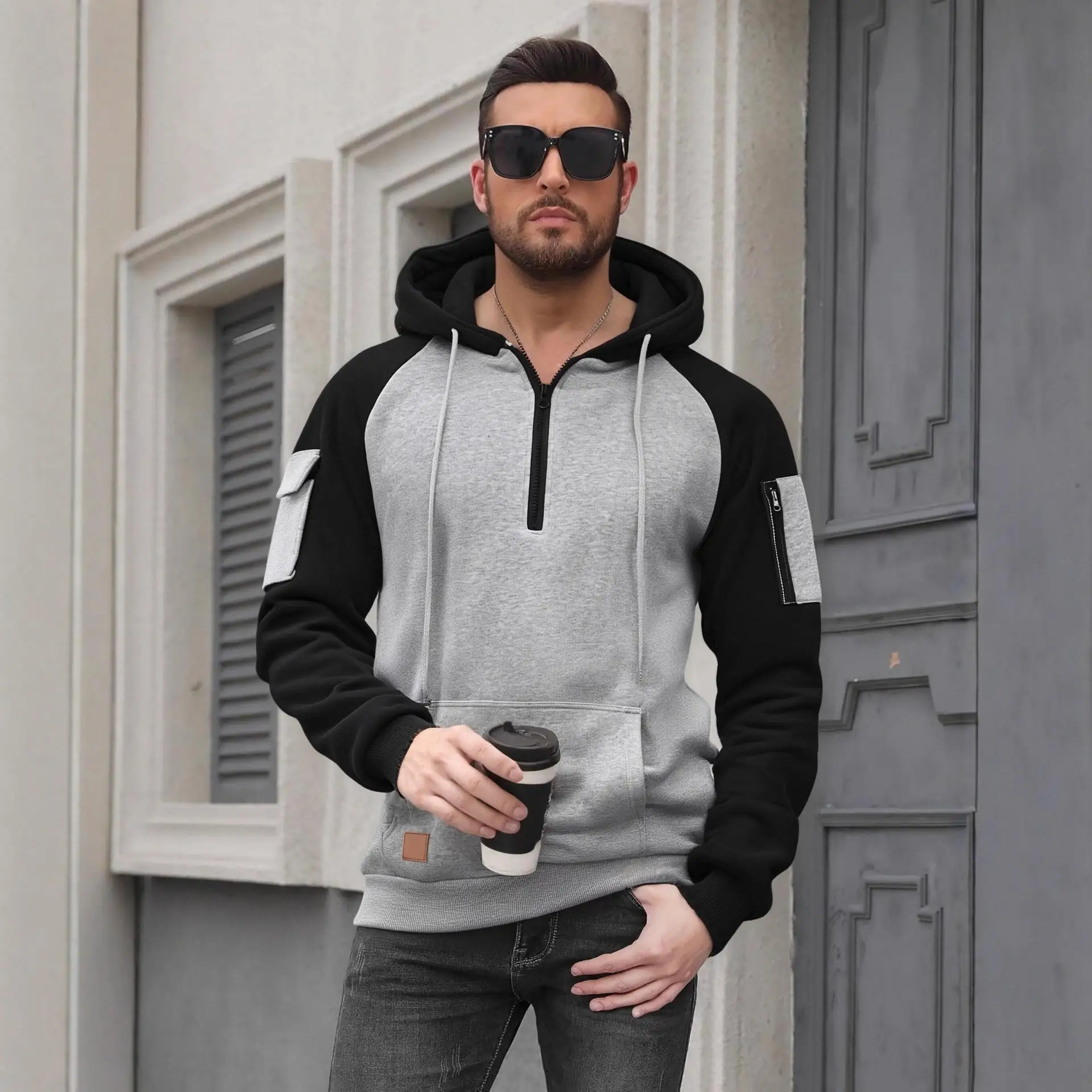 

New 26 Men's Zipper Hoodie with Arm Pocket Casual Versatile Sweatshirt Polyester Fiber Resistant to Deformation for Autumn