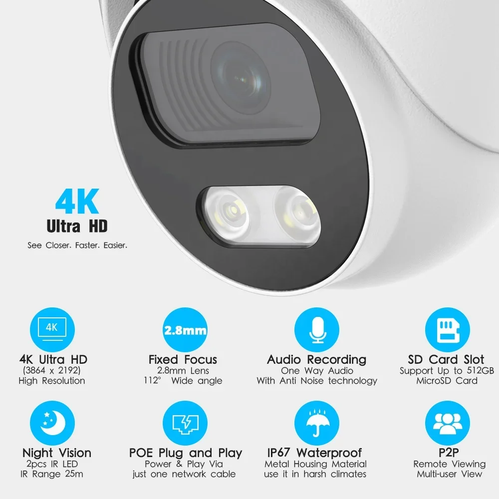 4K IP Camera PoE Indoor IP67 Waterproof Audio With Mic Human/Vehicle Detection Turret 8MP Home Video IR Security Surveillance