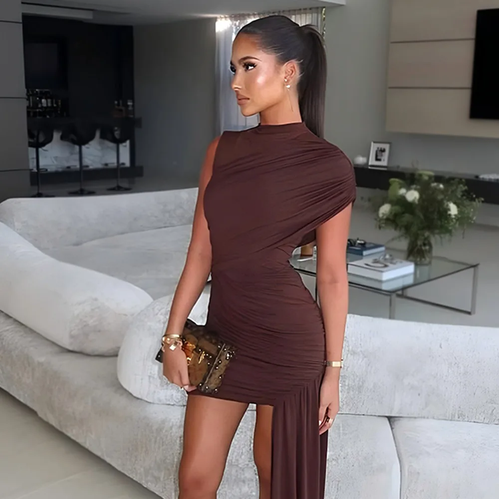 

2025 New Balitops Summer Draped Ruched Sexy Mini Dress Women Irregular High Waist Slim Fit Dress Female Elegant Club Tank Dress