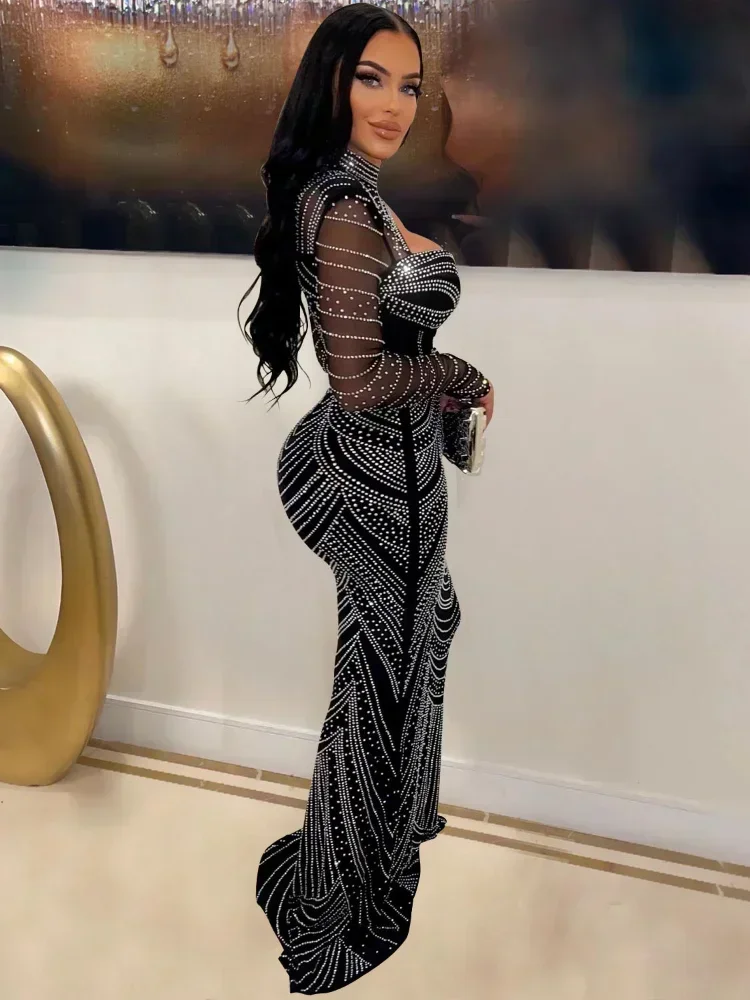 GUWU Luxury Elegant Celebrity Evening Prom Dresses for Women Party Night Cut Out Diamonds Rhinestone Mermaid Bodycon Maxi Dress