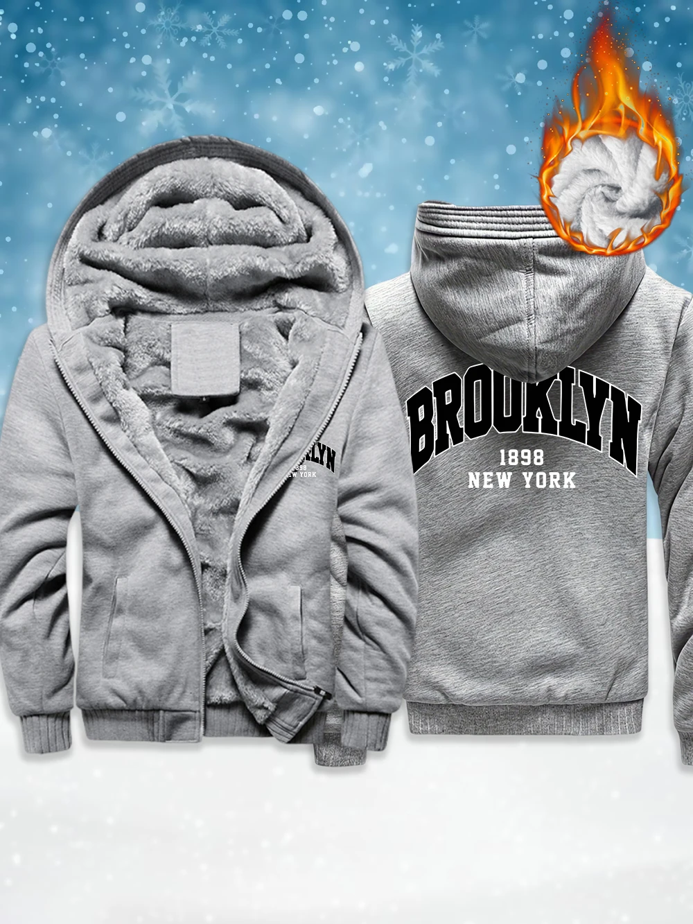 

Brooklyn 1898 New York Prints Men'S Zipper Outerwear Winter Thermal Thicken Coats Fleece Warm Windproof Jackets Casual Men Tops