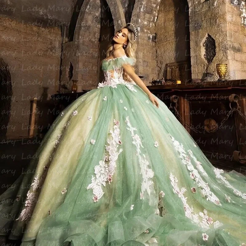 Vestidos de quinceañera verdes con purpurina personalizados, vestidos de fiesta de cumpleaños dulces de princesa para niña con deshuesado expuesto y hombros descubiertos, vestidos de 15