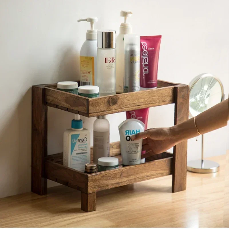 Eco-Friendly Bathroom Shelf Double-Layered Natural Teak with Water-Draining Design for Toiletries Sustainable Storage Solution