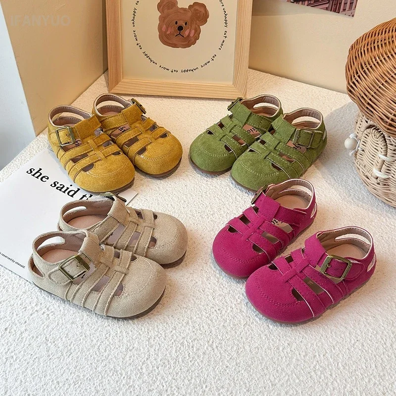 1-12Y Children's Sandals Toe Protect Boys Girls Summer New Candy Color Soft Sole Shoes Kids Casual Retro Flat Leather Sandals