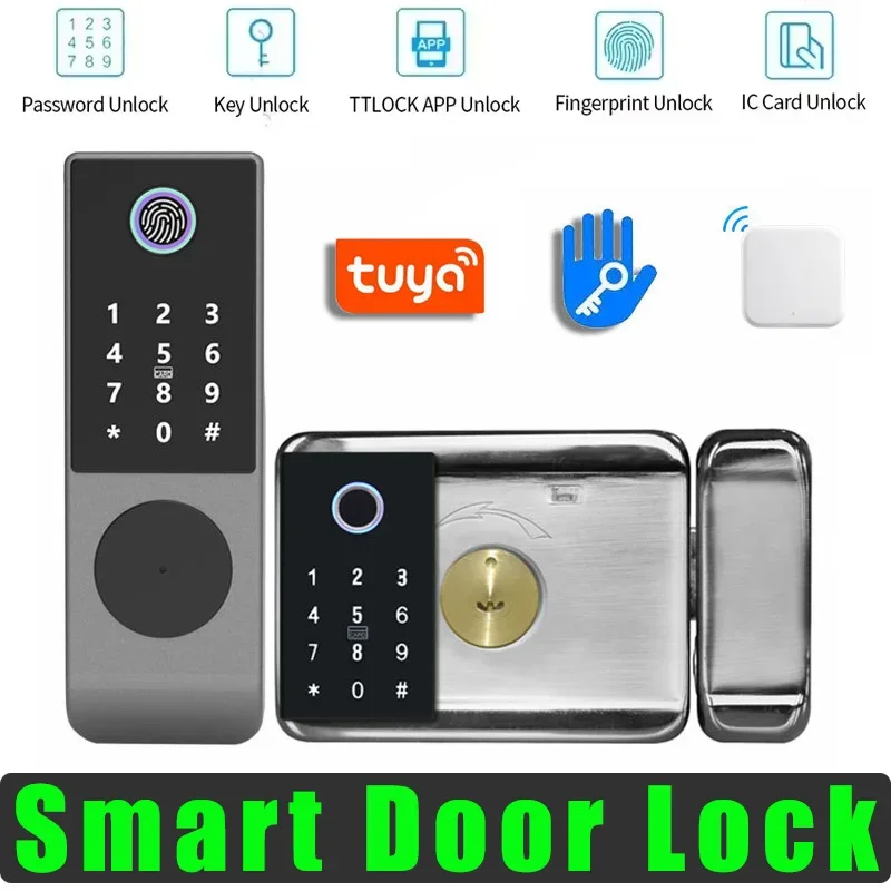 TTLock with Gateway Tuya Smart Door Lock Double Side Fingerprint + Password + IC Card + Key Unlocking IP65 Home Electronic Locks