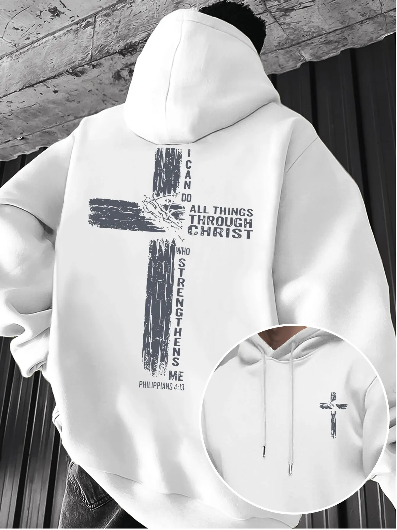 Distressed Wood Grain Cross with English Slogan, Double-Sided Print Men's Hooded Sweatshirt, Casual Pullover Long-Sleeve Hoodie
