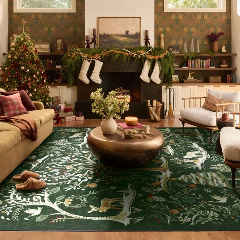 Living Room Carpet Large Area Rug Soft Plush Machine Washable Non-slip Floor Mat Luxury Retro Green Plant Flower Indoor Carpets