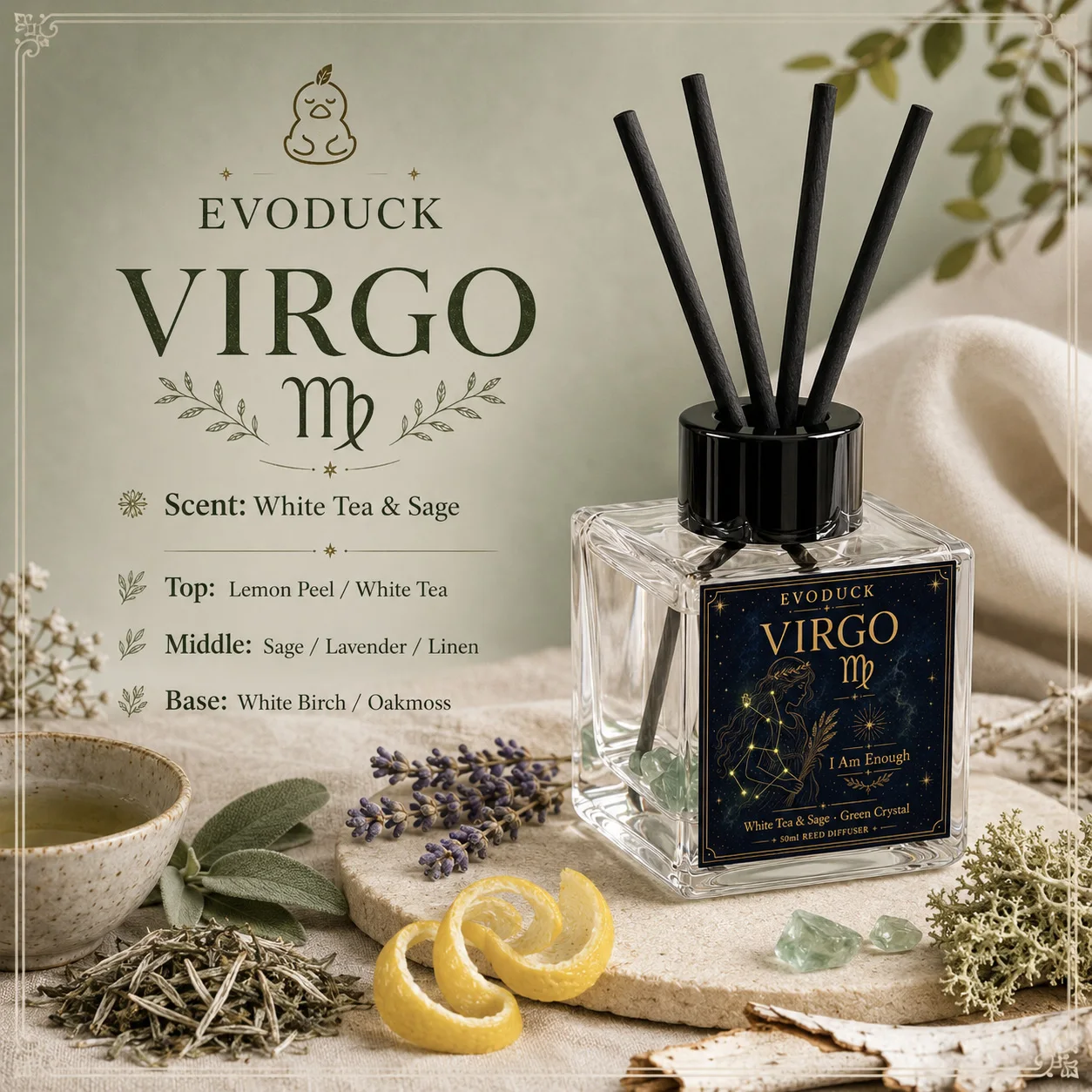 Virgo Zodiac Reed Diffuser 50ml White Tea Sage Crystal Fragrance Oil with 4 Fiber Reeds Flameless Air Freshener Room Decor Gift