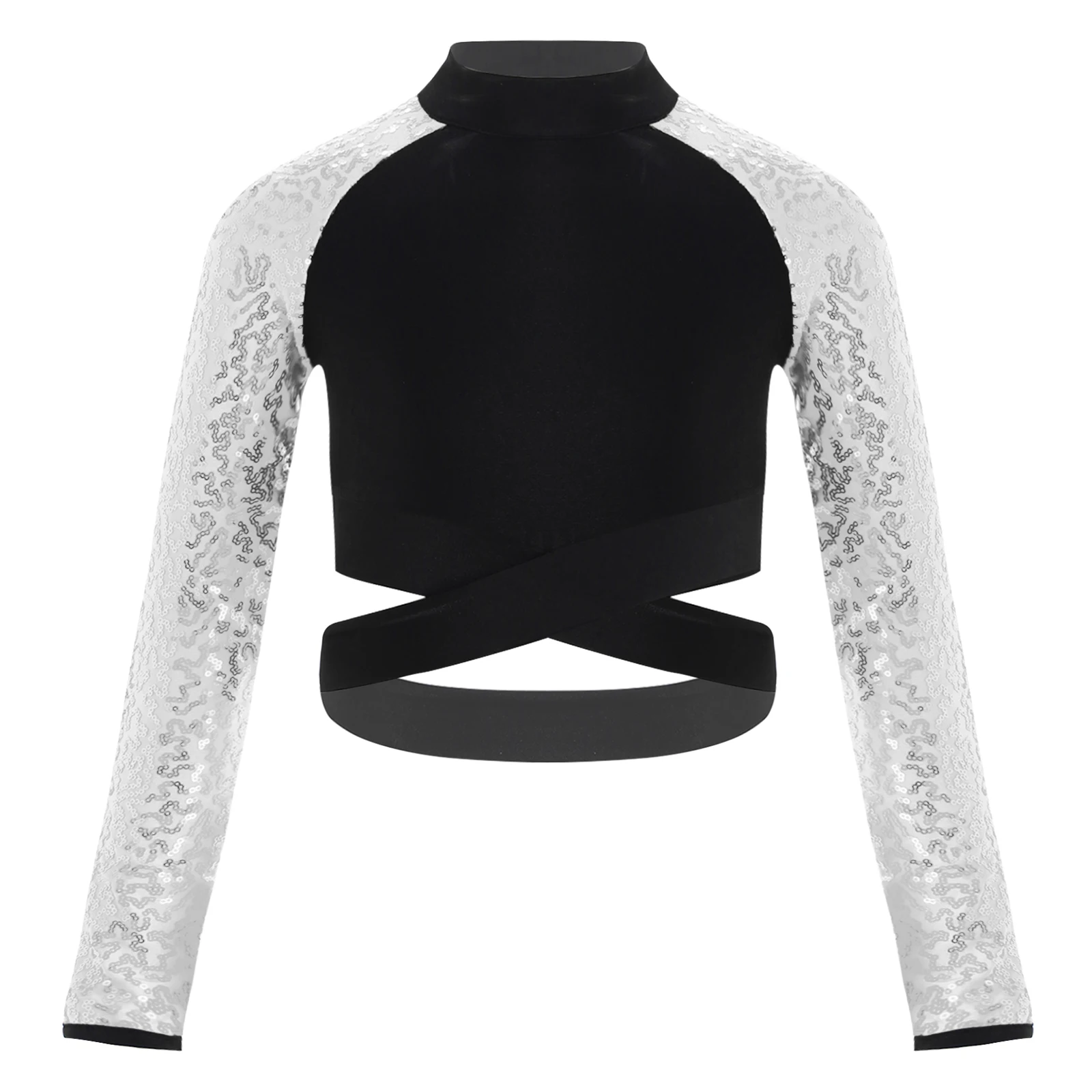 

Kids Girls Hip Hop Jazz Street Dance Crop Top Ballet Dance Tops Sparkly Sequins Long Sleeve Cross Waist Figure Skating Costumes