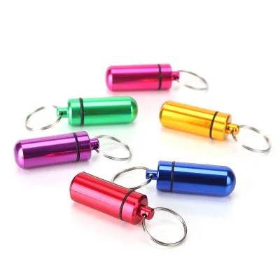 8Pcs Mini Pill Case Waterproof Pills Jewelry Secret Box Bottle Holder Aluminum Keychain Each Color 1Pcs