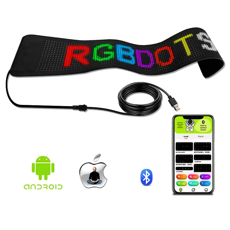 Panel Flexible LED USB para coche, letreros de luz RGB, Bluetooth, Control por aplicación, patrón de desplazamiento de texto, animación, pantalla LED programable