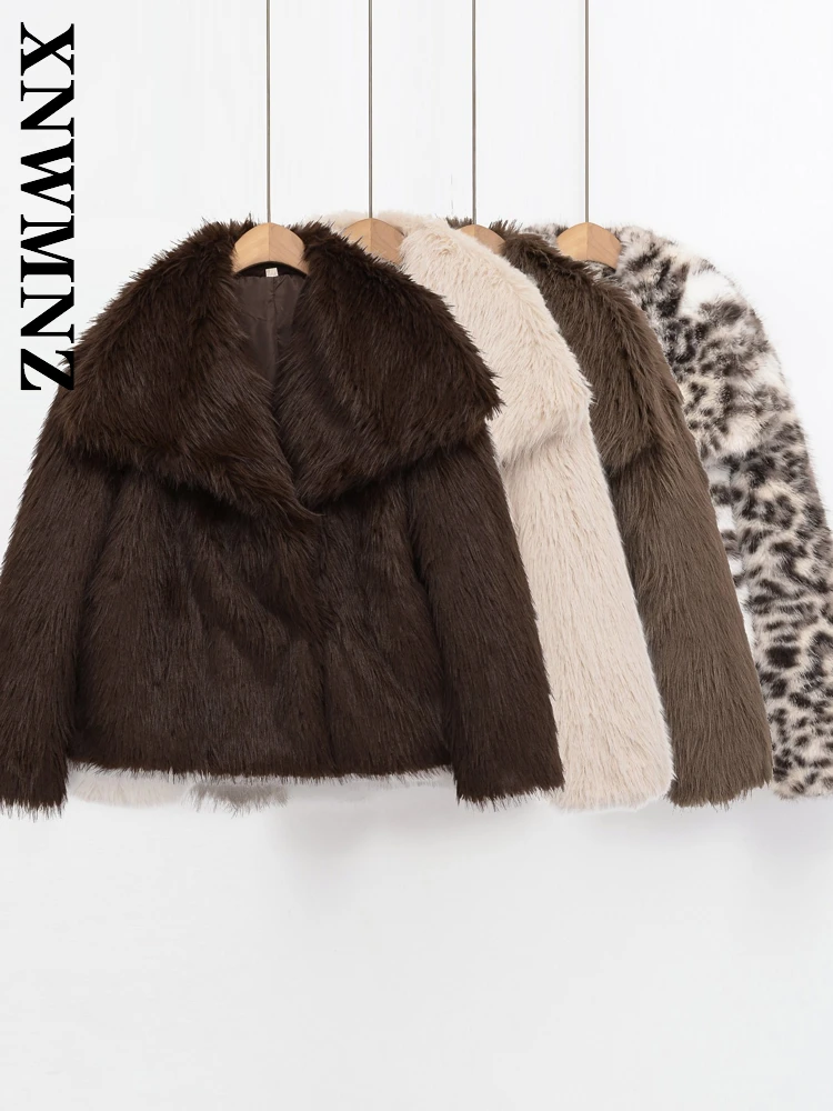 

XNWMNZ 2025 осеннее новое женское праздничное винтажное пальто из искусственного меха с длинными рукавами, простой модный женский повседневный теплый топ с v-образным воротником