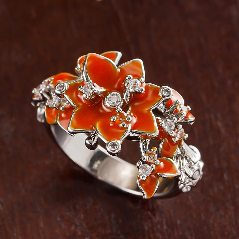 Huitan Glamorous Flower Orange Enamel Ring for Women Aesthetic Elegant Party Jewelry Delicate Opulent Noble Finger Accessory Hot