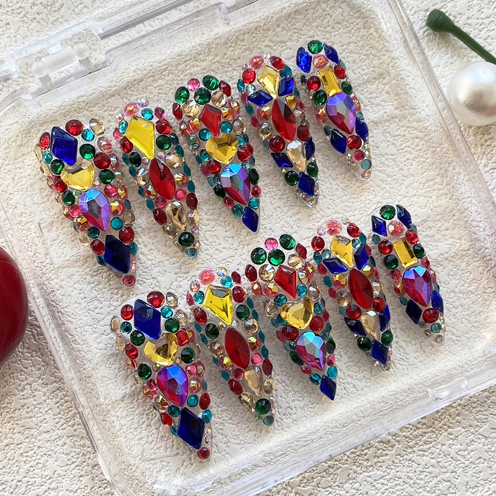 

High Quality Handmade Reusable Acrylic Press-on Nail Hand Crafted Y2K INS Ballerina Multicolour Rhinestone Artificial Manicure