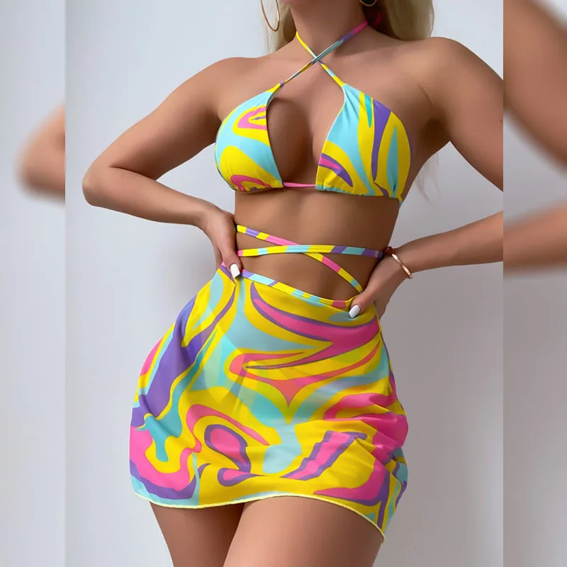 

bikiniNew printed cross-tie halter neck mesh skirt beach bikini swimsuit three-piece set for women