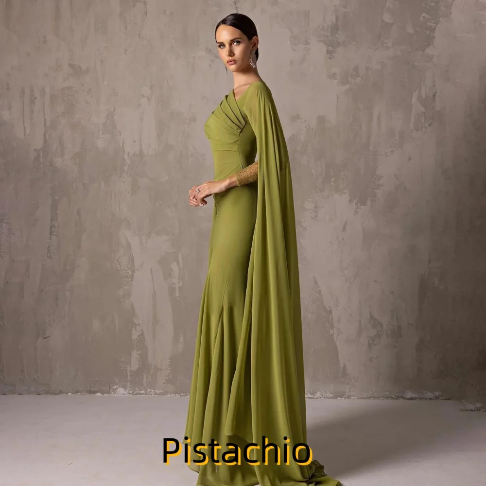 Abito da ballo da donna arricciato squisito personalizzato che borda affascinante sirena manica lunga lunghezza del pavimento abito da sera da donna