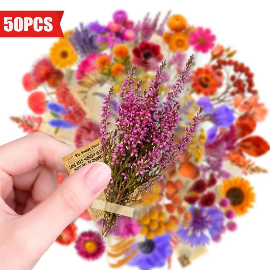50Pcs Floral Clear PET Stickers, Artistic Plant Decals, Flower Love Letter PET Stickers for Journal DIY Collage Papery Pop Store