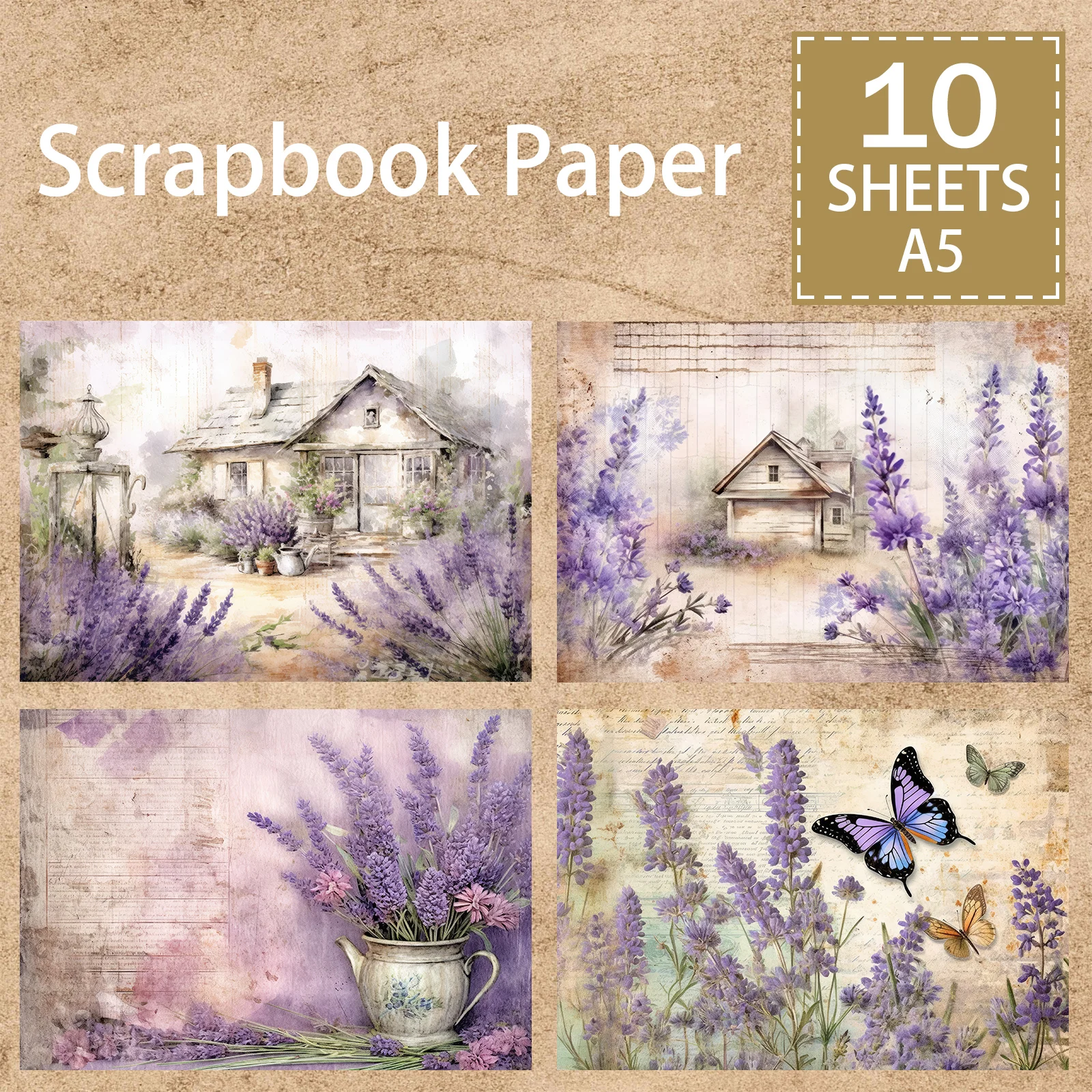 10 Sheets A5 Size Purple Lavender Butterfly House Background Vintage Grunge Journal Planning Scrapbooking