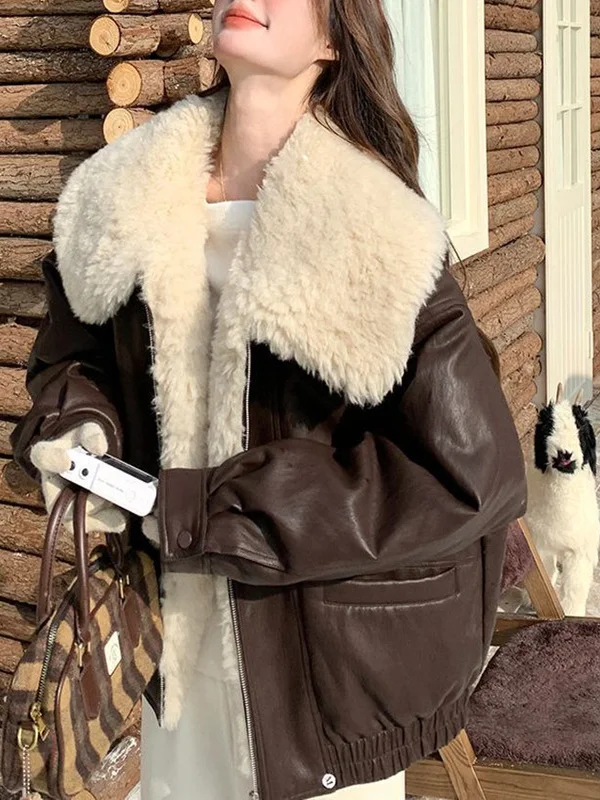 

Caramel Lamb Fur Collar Thickened PU Leather Jacket Women's Winter New Style Warmth Large Pocket Parka Coat Commute Style