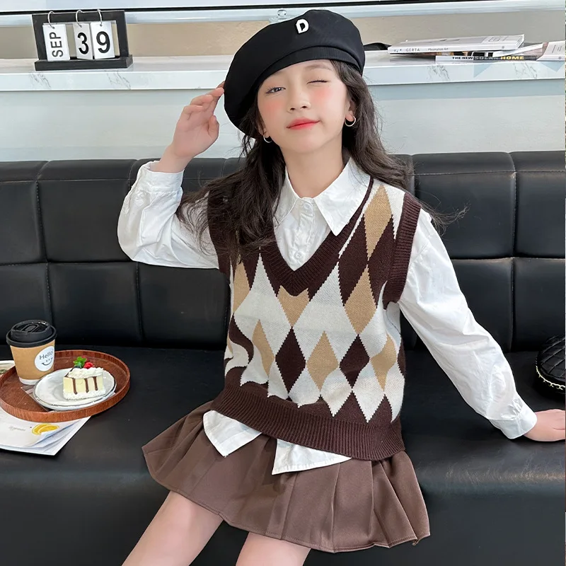 

Girls Two-piece Set 2024 Autumn New Childrens Wear Girls Baby Japanese Preppy Style Shirt Knit Vest Set Casual Simple Daily