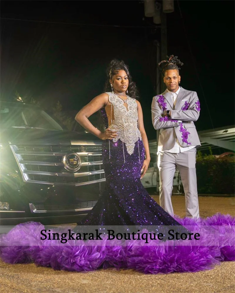 New Purple Diamonds Prom Dress With Two Gloves Glitter Bead Crystal Tassels Sequins Gown Birthday Party Dress Customized image 6
