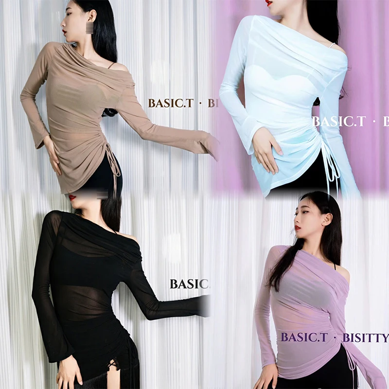

New Slant Shoulder Latin Dance Tops Long Sleeves Mesh Drawstring T Shirt Women Adult Rumba Dance Clothing Practice Wear DNV21158