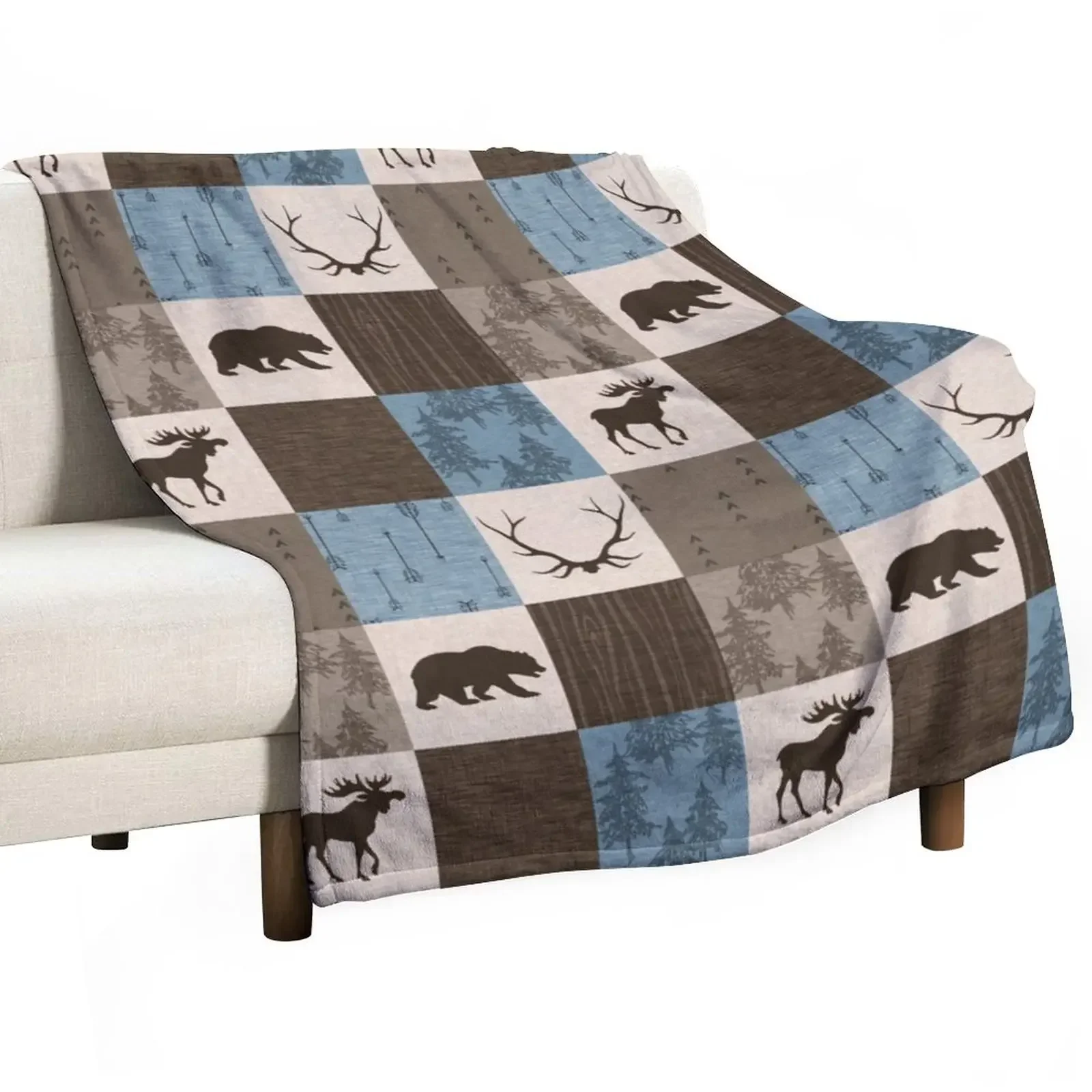 

Woodland Patchwork- Blue, Brown And beige Throw Blanket Beach Shaggy Blankets