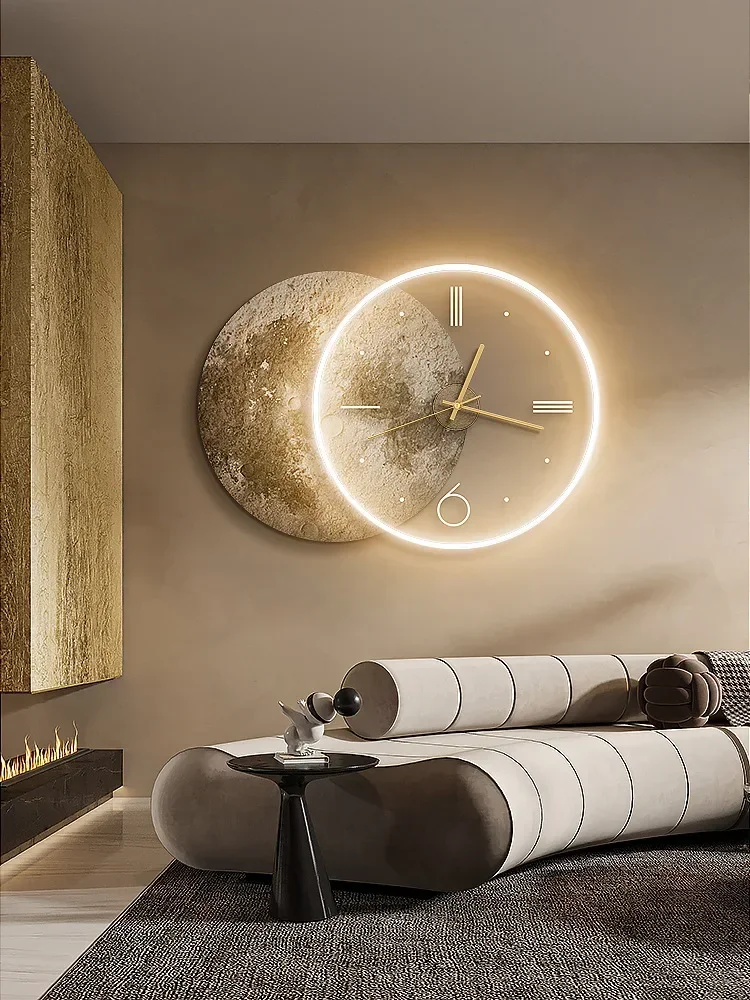 Home Large Dining Room Decoration Luxury Painting Moon LED With Silent Clock Lamp Living Room