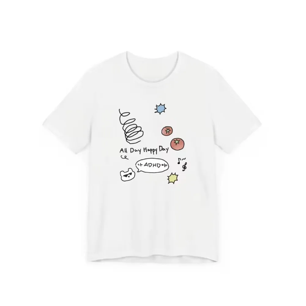 All Day Happy Day ADHD Print T-Shirt Cute Doodle Graphic Tee Funny Casual Short Sleeve Top for Men & Women All-Season Daily Wear