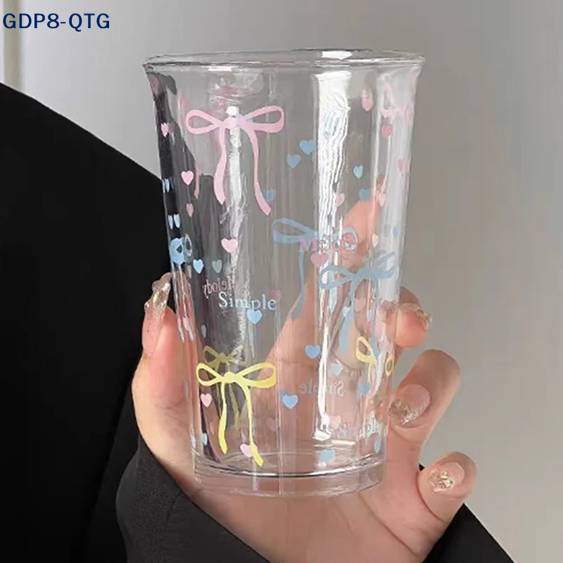 NEUER Schleifenglas-Becher, Niedlicher Cartoon-Glasbecher, Gestreifter Süßer Doodle-Kaffeebecher, Haushalts-Fruchttee-Limonadenbecher, Mädchengeschenk