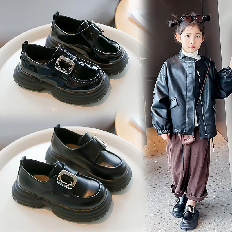 Children Leather Shoes Girls Fashion Metal Buckle Casual Leather Shoes Solid Soft Sole Princess Shoes Size 26-36