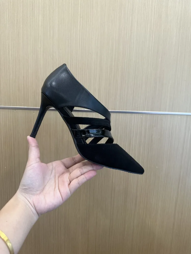 Pointy Toe Strappy Sandals Hollow Summer Sexy Stiletto Heels Black Leather Slip On Casual Dress Party Pumps Cool Girl Shoes 2024 image 3