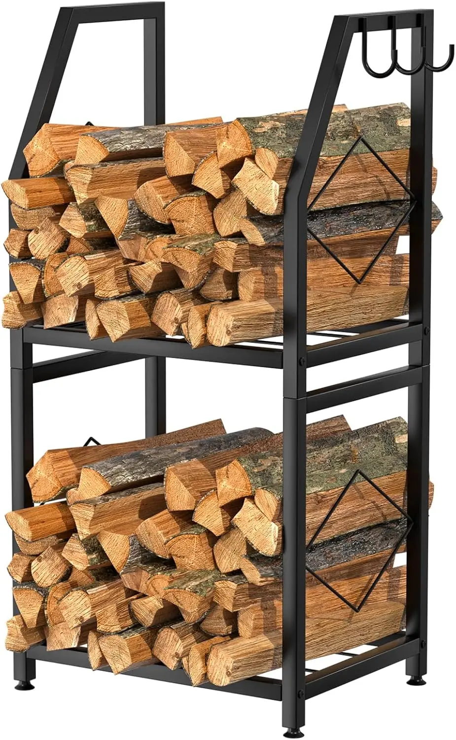 

Firewood Rack Indoor 2-Tier Heavy Duty with 3 Hanging Hooks for Patio Black