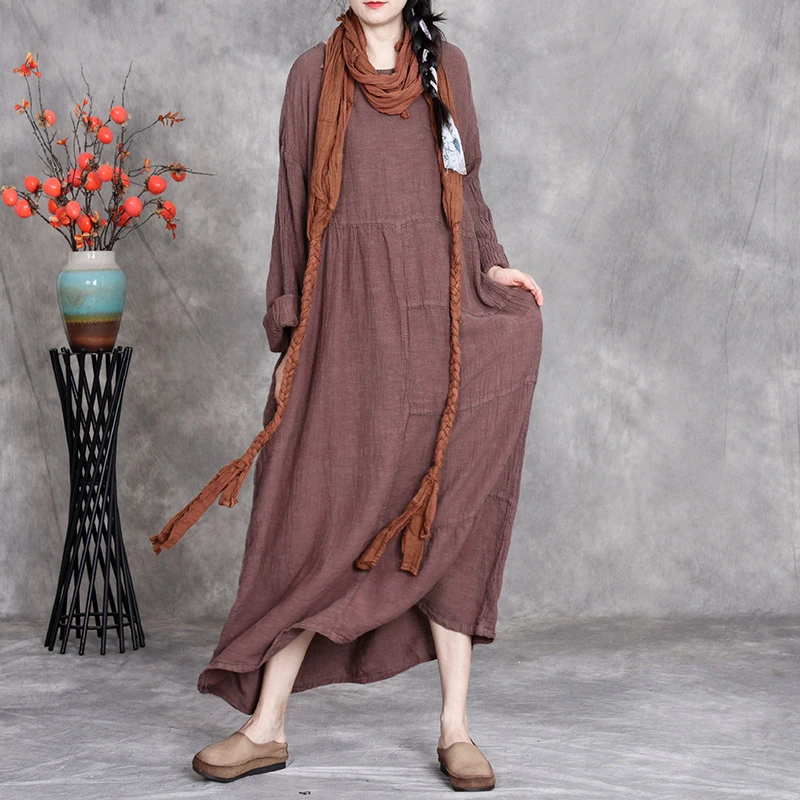 เดรสผ้าฝ้ายลินินผู้หญิง รุ่นใหม่ล่าสุด ฤดูใบไม้ร่วง 2025 สไตล์วินเทจ คอกลม สีพื้น ทรงโอเวอร์ไซส์ ชุดลำลองสำหรับผู้หญิง รุ่น T798
