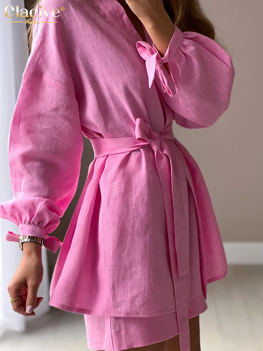 Clacive Autumn Lace-Up Robes Tops Two Pieces Set Womens Casual Loose High Wiast Shorts Set Elegant Pink Home Suit With Shorts