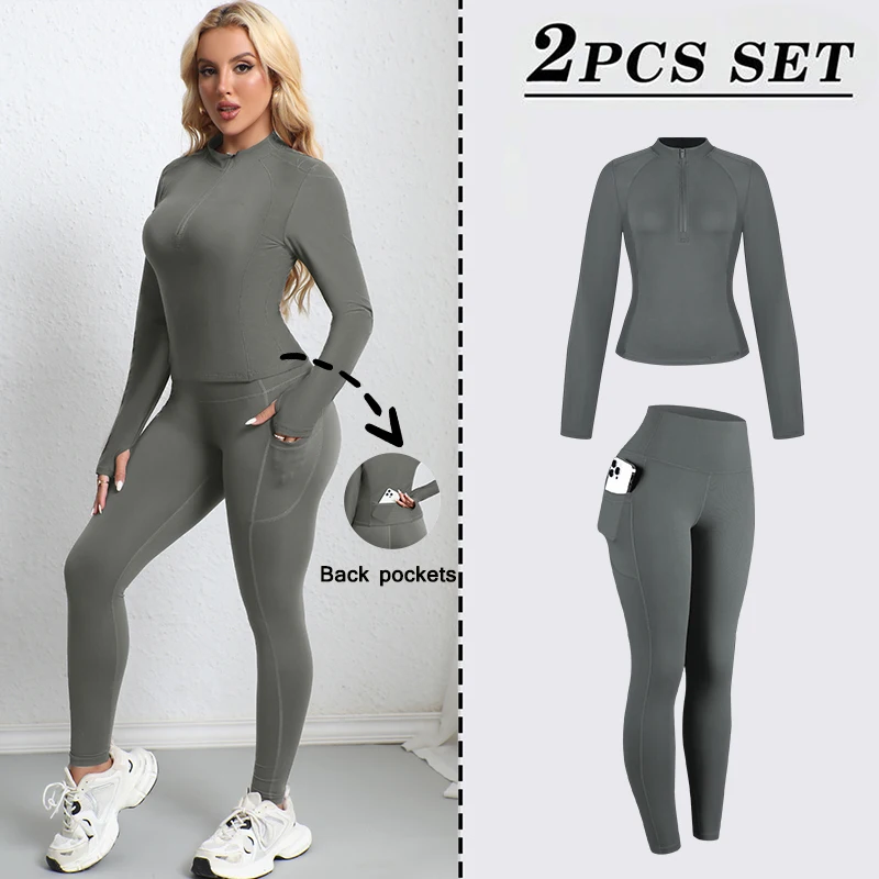 

Women's 2-Piece Yoga Set Long-Sleeve Top with Back Pocket High-Waisted Tummy Control Butt-Lifting Leggings Stretchy Fitness Set