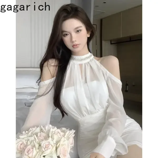 Gagarich Elegant Socialite Long Sleeved Dress Women Spring New Soft Girl Sweet White Off Shoulder Chiffon Waistband Vestidos