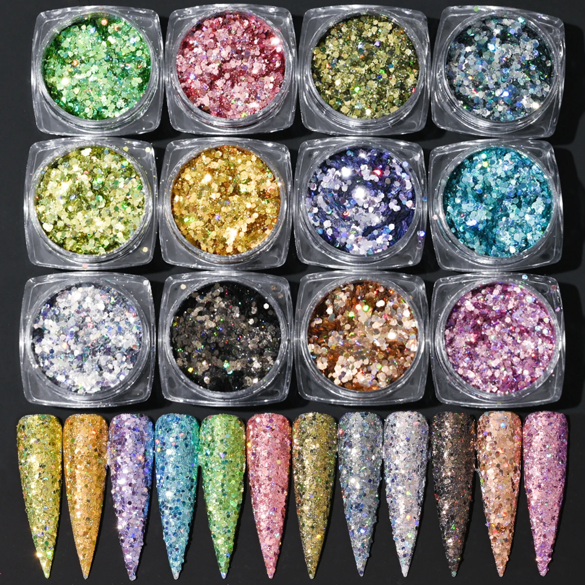 

Iridescent Nail Art Sequins Holographic Mixed Hexagon Chunky Nail Glitter Powder 3D Sparkly Flakes UV Gel Polish Nail Decoration