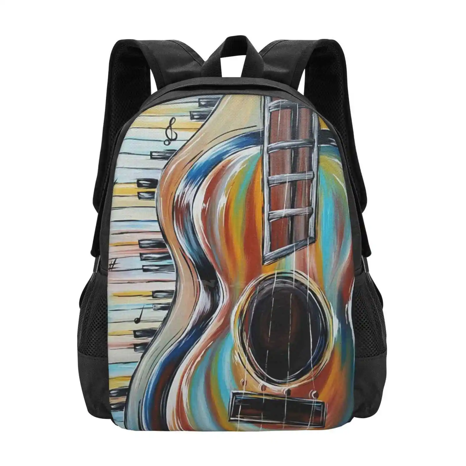 Colours Of Music Pattern Design Bag Student'S Backpack Guitar Piano Keyboard Instruments Musical