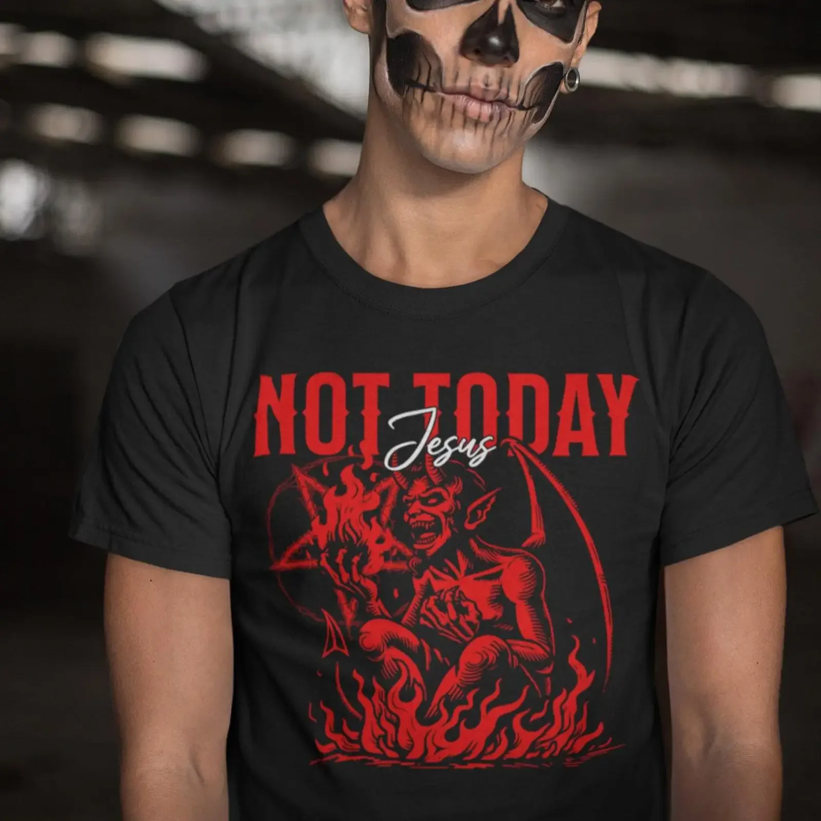 T-shirt unisexe « Devil's Advocate Not Today Jesus » – Style vintage Lucifer, délavé, extensible, confortable, respirant, légèrement graphique