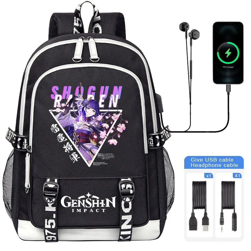 Genshin Impact Men Rucksack School Teen Backpack Raiden Shogun Print boy USB Charging Laptop Bags Travel Canvas Backpack